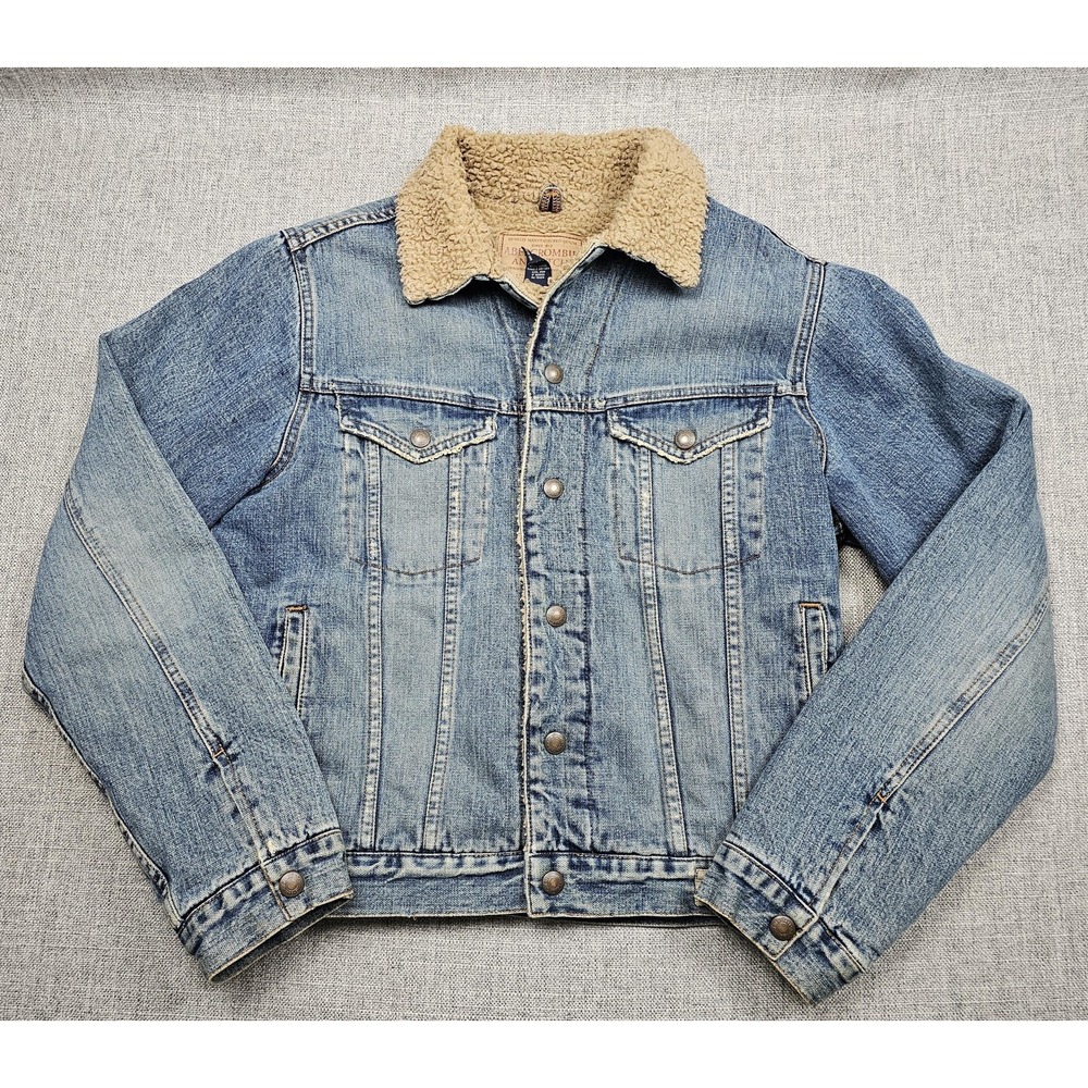 Abercrombie & Fitch Jacket Mens Medium Blue Sherpa Lined Denim Trucker Coat